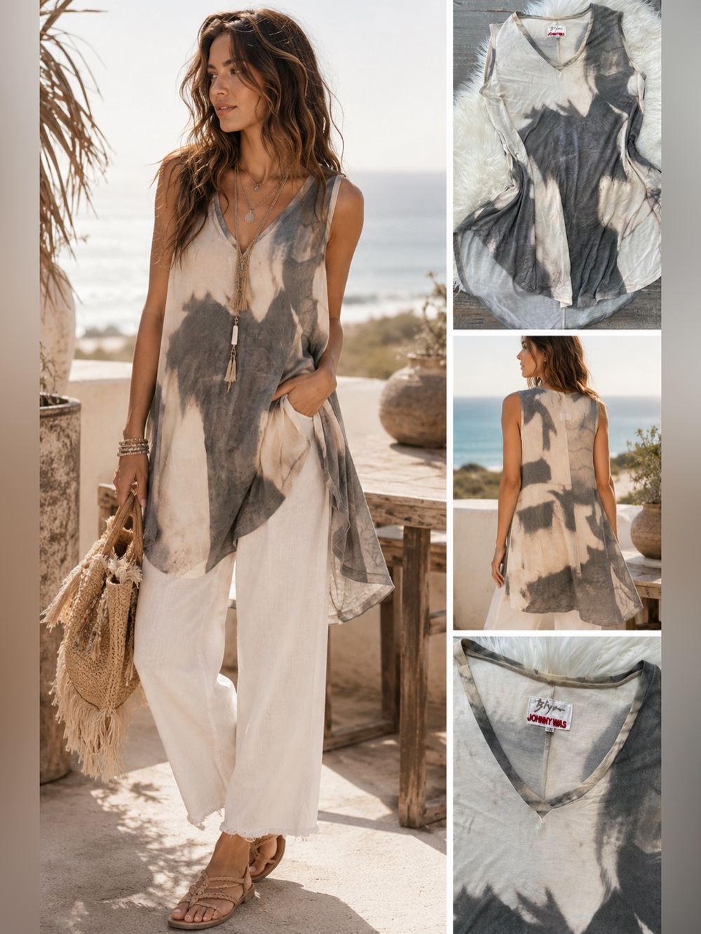 Johnny Was Biya Tie Dye Modal Sleeveless Tunic Top Asymmetrical Hem XS